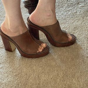 Brown leather platform mules